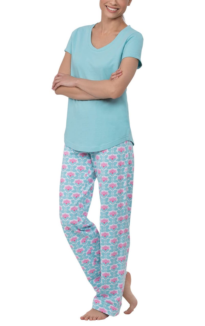 PajamaGram Pajamas Women Cotton Jersey - Women's Pajama Sets, Aqua, M, 8-10 - Image 1